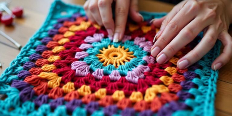 Hands blocking a crochet square with pins.