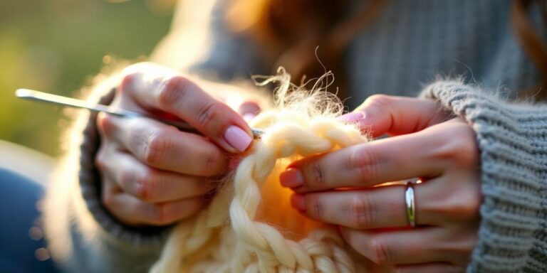 Hands crocheting with fluffy mohair yarn