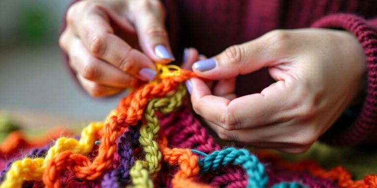 Hands crocheting with two yarn strands
