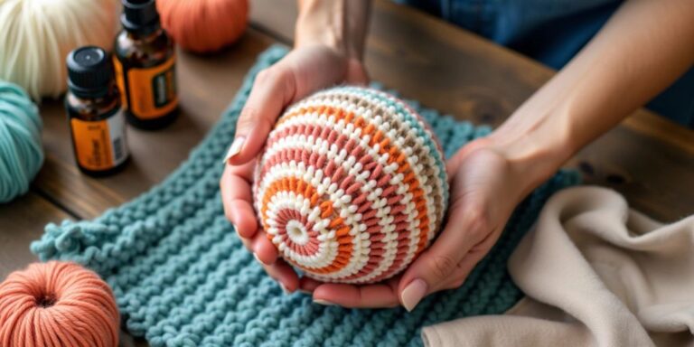 Hands crocheting a colorful dryer ball.