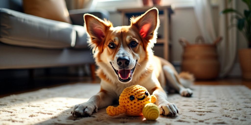 Dog playing with a crochet toy