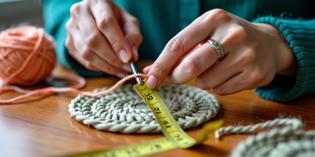 Hands measuring crochet work with tape measure.