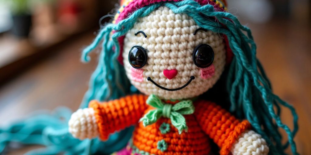 Handmade crochet voodoo doll with colorful yarn
