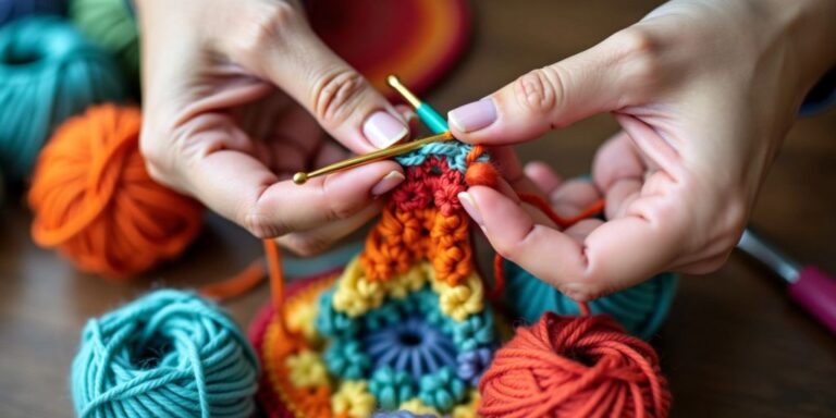 Hands crocheting with colorful yarn and hook.