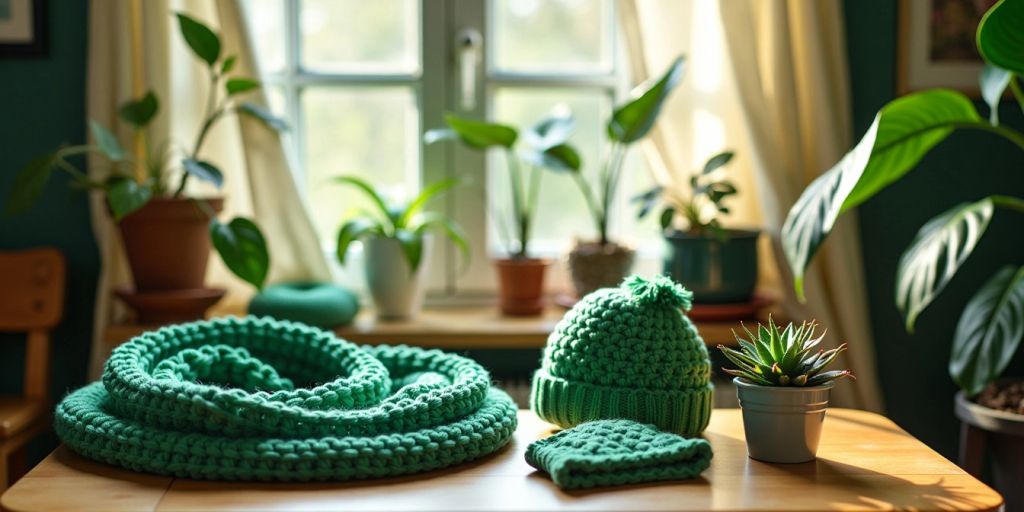 Green yarn crochet projects on a wooden table.