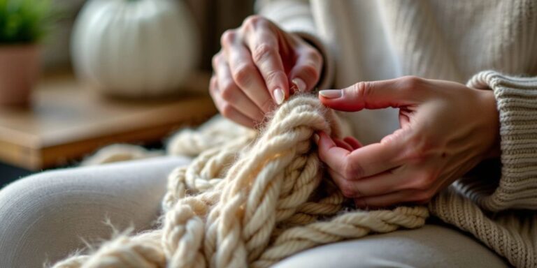 Hands knitting with soft linen yarn