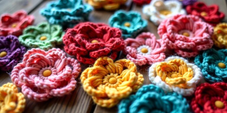 Colorful crocheted flowers on a wooden table.