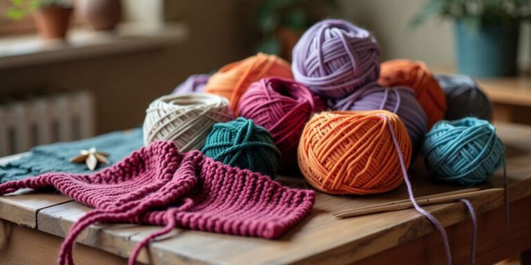 Colorful yarn balls and knitting needles on a table.