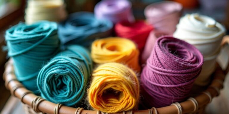 Colorful t-shirt yarn rolls in a basket