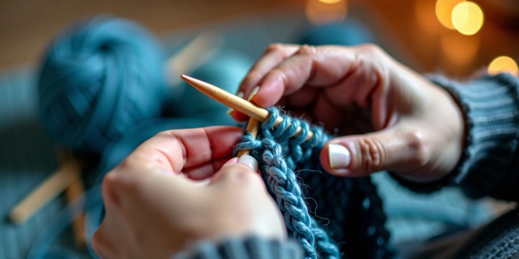 Hands knitting with blue yarn, double stitches visible.