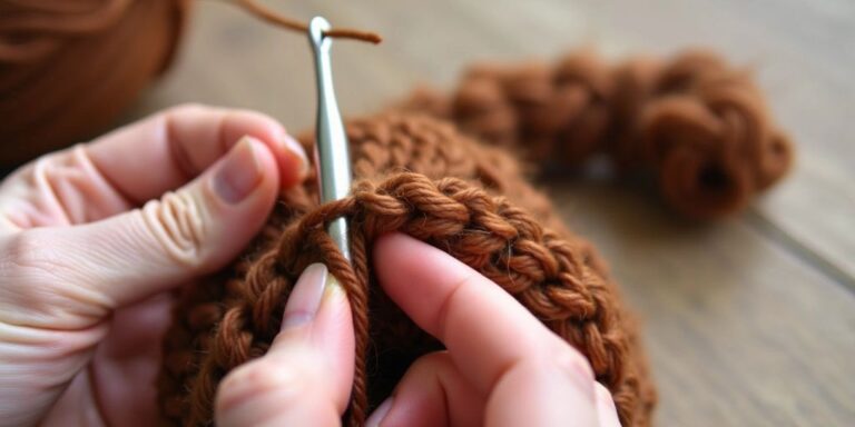 Person crocheting a monkey tail with brown yarn.