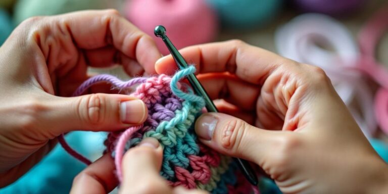 Hands crocheting with colorful yarn and hook