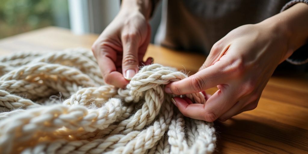 Hands stretching knitted silk yarn fabric