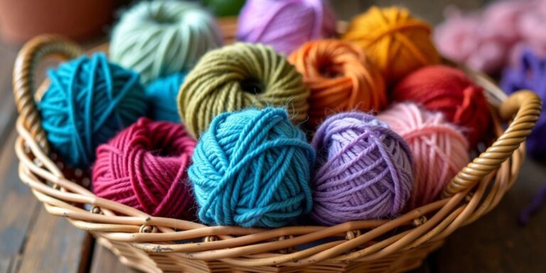 Colorful yarn balls in a wicker basket.