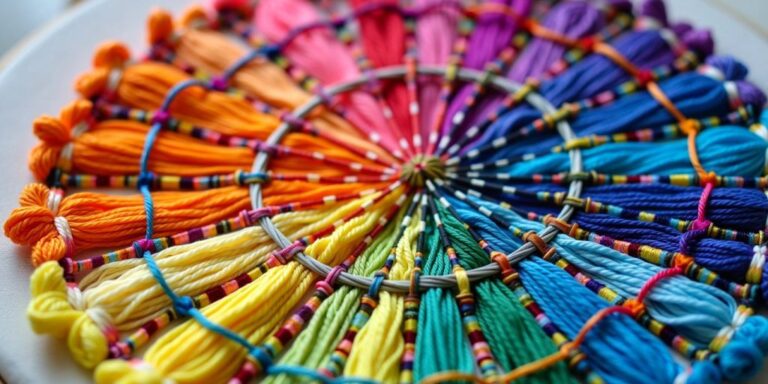 Colorful spider web stitch embroidery close-up