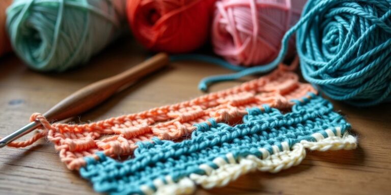 Colorful yarn and crochet hook on a table.