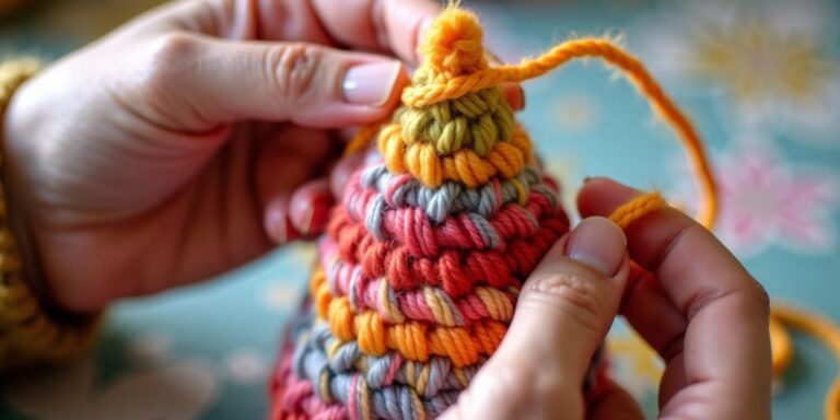 Hands crocheting a cone with colorful yarn.