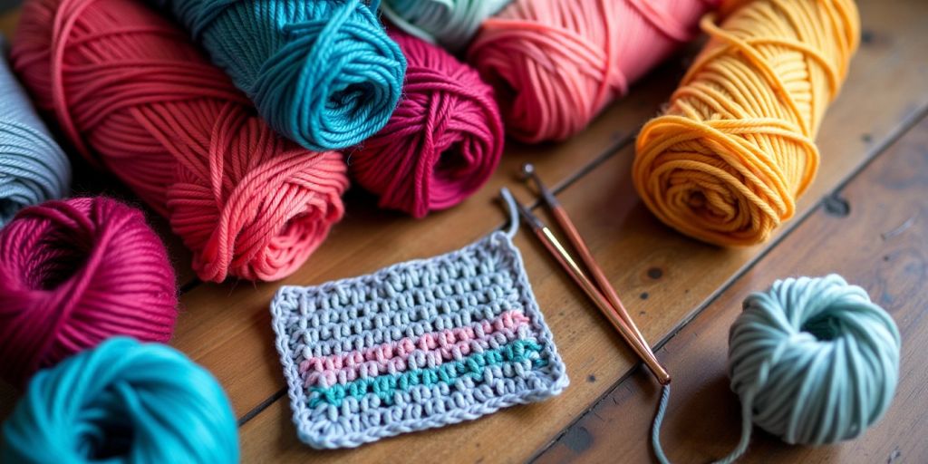 Yarn balls, crochet hooks, and a crochet project.