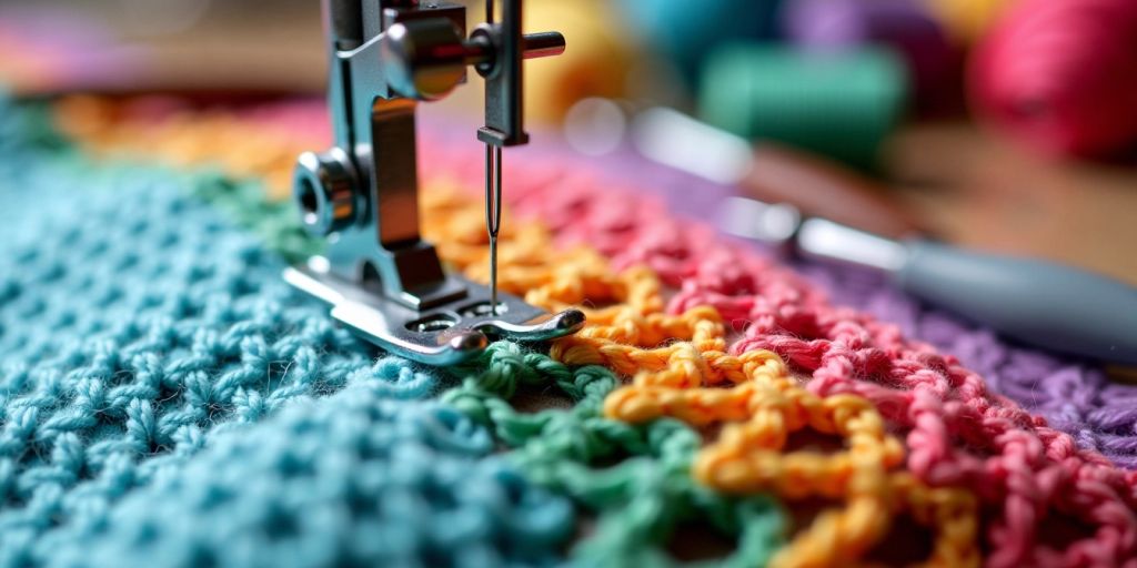 Sewing machine stitching colorful crochet fabric