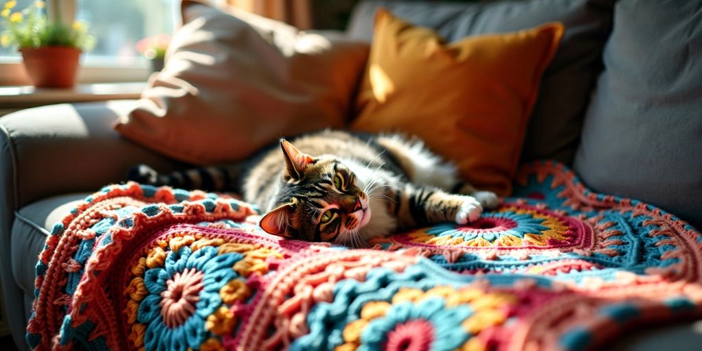 Cat lounging on a crocheted blanket