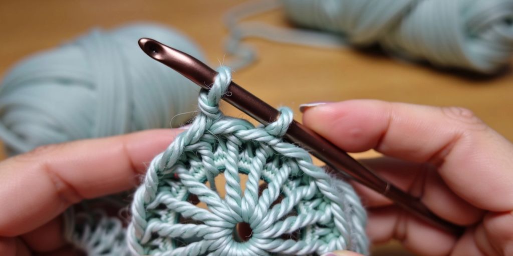 Person holding crochet hook and yarn
