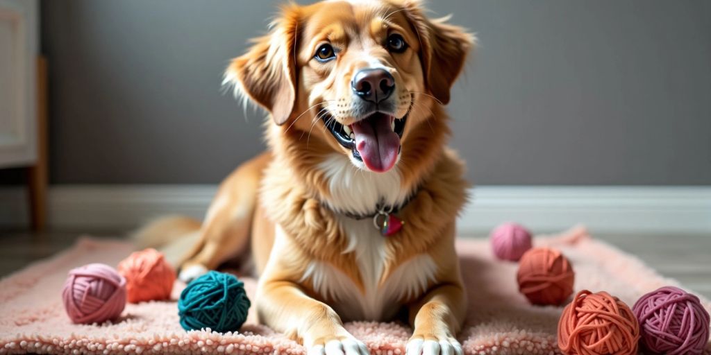 Dog with colorful yarn balls on blanket.