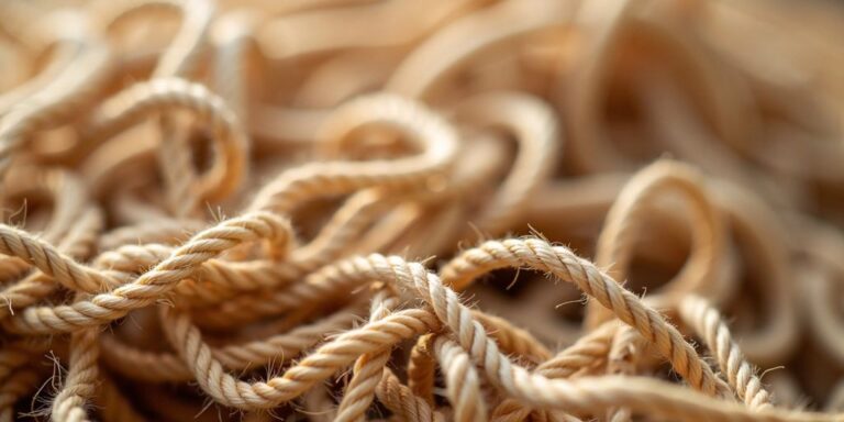 Close-up of natural raffia yarn strands.