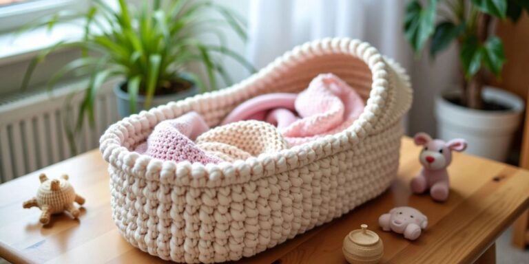 Handmade crochet Moses basket with blankets and baby toys