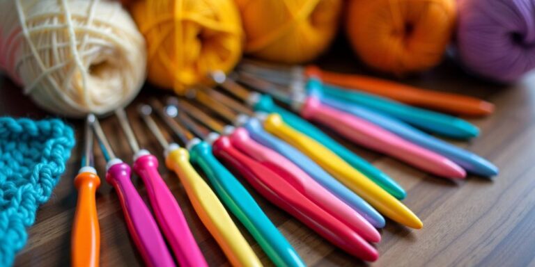 Colorful crochet hooks and yarn balls on a table.