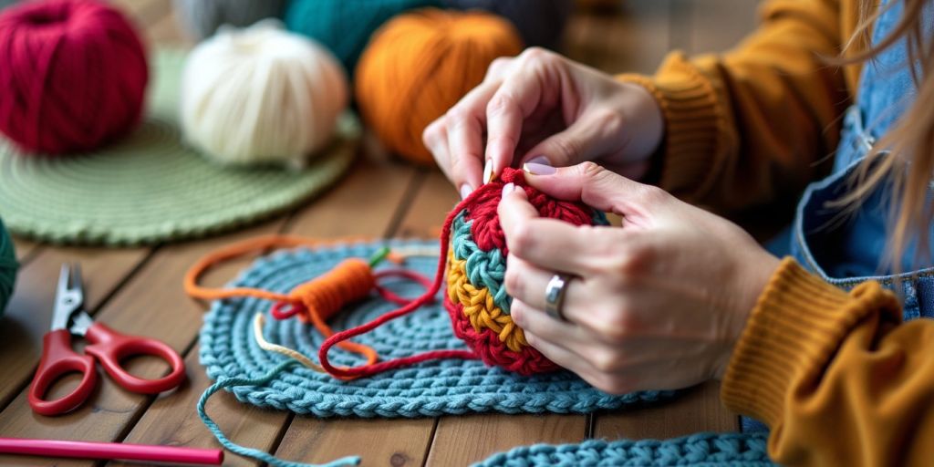 Hands knitting with colorful yarn