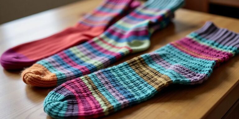 Colorful crochet socks on a wooden table.