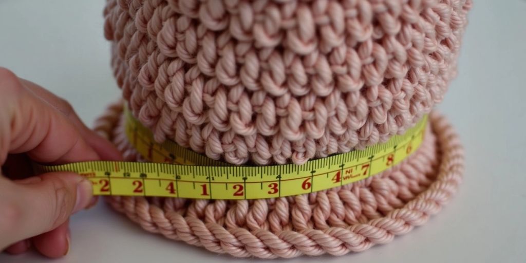 Measuring a crochet hat with a tape measure.