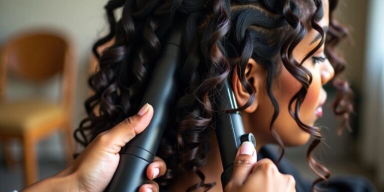 Hands curling crochet hair with a curling iron.