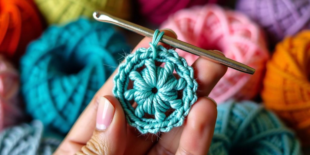 Colorful crochet yarns with a hand holding a hook.