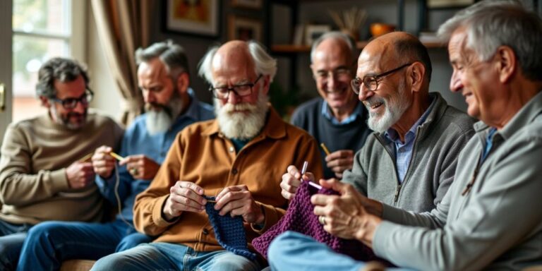 Men of different ages crocheting together
