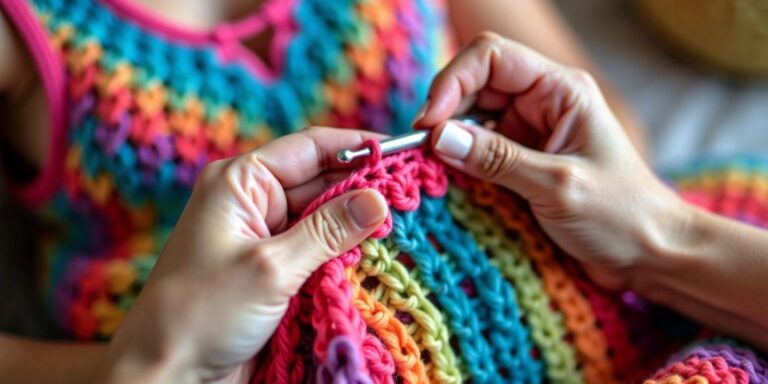 Hands crocheting a colorful top with yarn.