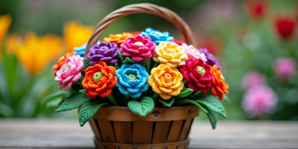 Crochet flowers in a wooden basket