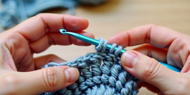 Hands crocheting with blue yarn clockwise