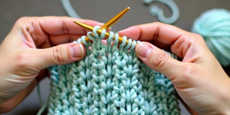 Hands knitting jasmine stitch with pastel yarn