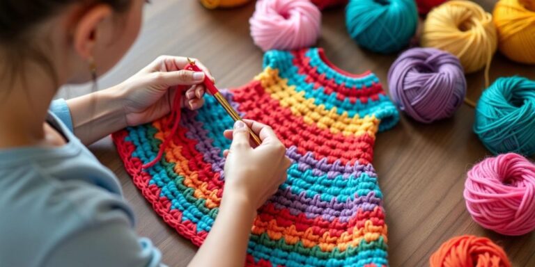 Person crocheting a colorful dress with yarn.