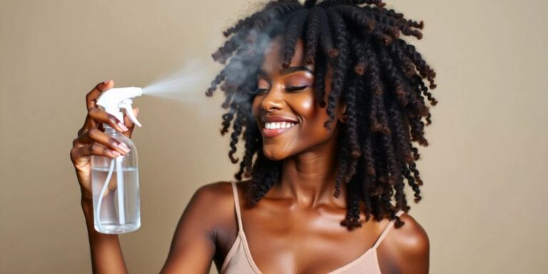 Woman misting her crochet hair