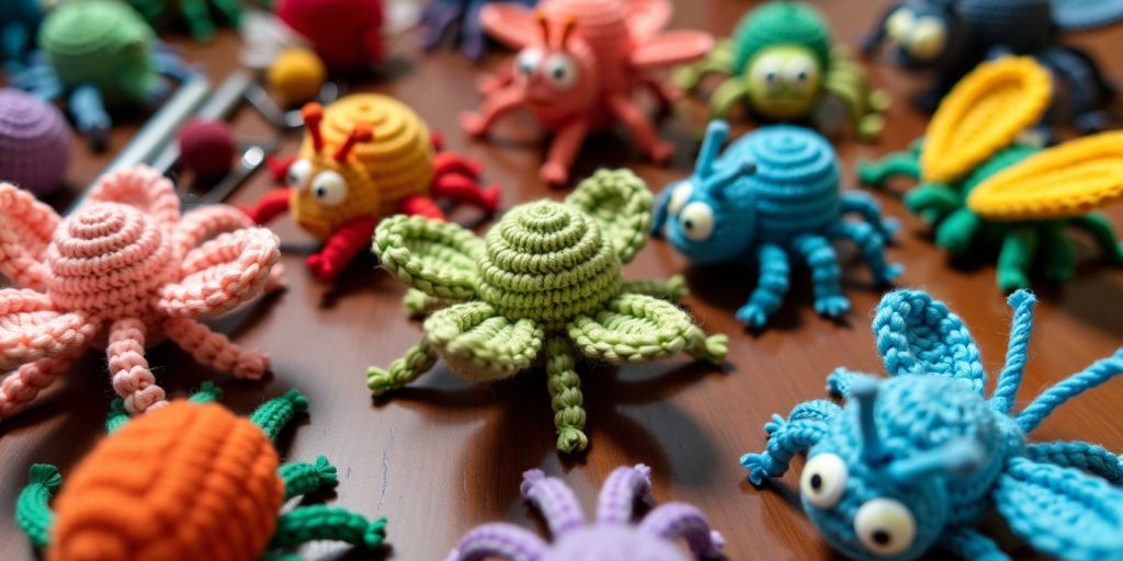 Colorful crocheted insects on a wooden table.