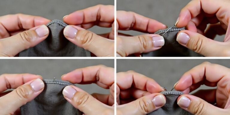 Hands demonstrating chain stitch on fabric