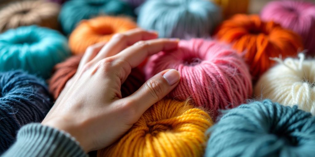 Hand touching colorful polyester yarns.