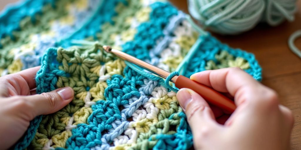 Hands crocheting a granny ripple pattern