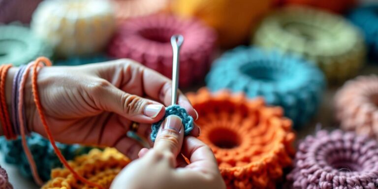 Hands holding crochet hook and yarn.