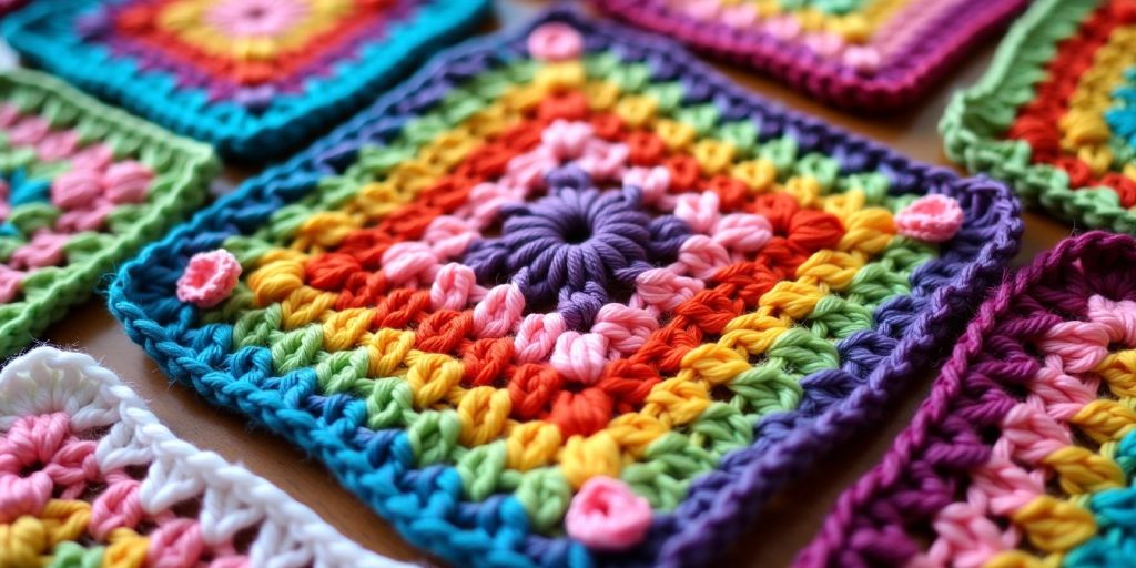 Colorful crocheted granny square close-up