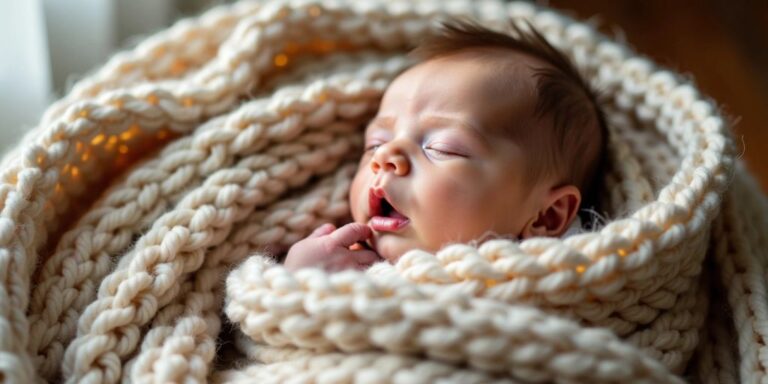 Newborn wrapped in a crochet blanket.