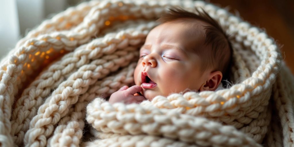 Newborn wrapped in a crochet blanket.