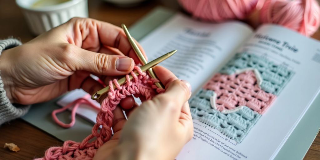 Hands crocheting with a diagram